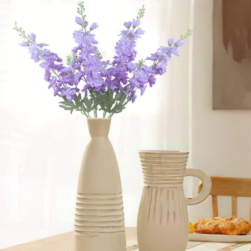 Photo 1 of FERIAL Purple Artificial Delphinium Flowers Silk Larkspur Flowers Faux Snapdragon Long Stem Fake Plant Spray Arrangement for Home Office Garden Wedding Table Vase Decor (Purple)