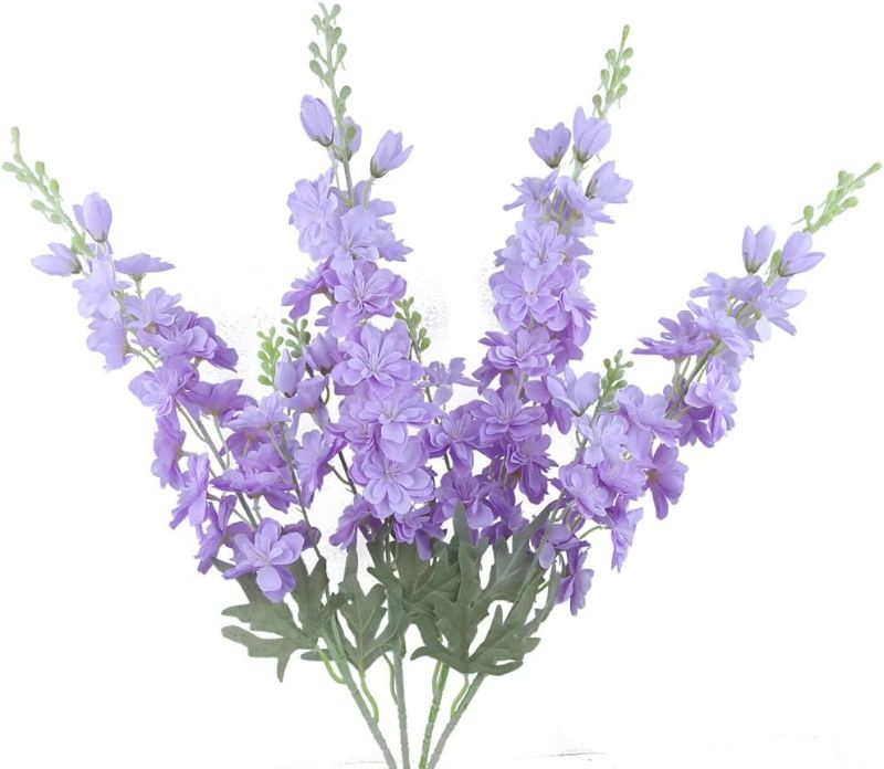 Photo 1 of FERIAL Purple Artificial Delphinium Flowers Silk Larkspur Flowers Faux Snapdragon Long Stem Fake Plant Spray Arrangement for Home Office Garden Wedding Table Vase Decor (Purple)