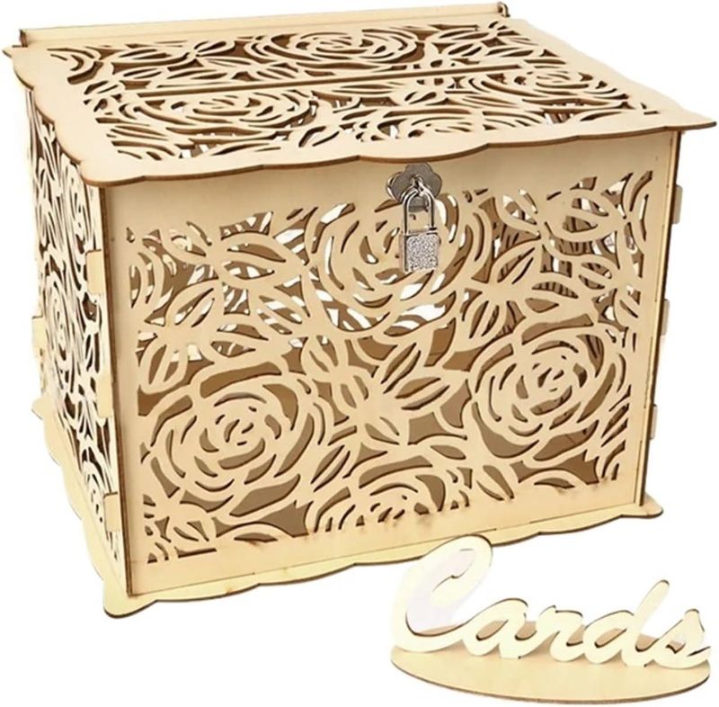 Photo 1 of DIY Country Wedding Card Box Wooden Money Large Box with Lock Mariage Invitation Card Box Wedding Decoration Supplies