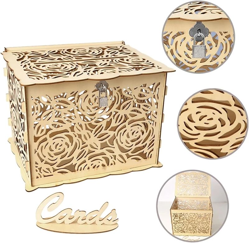 Photo 1 of DIY Country Wedding Card Box Wooden Money Large Box with Lock Mariage Invitation Card Box Wedding Decoration Supplies
