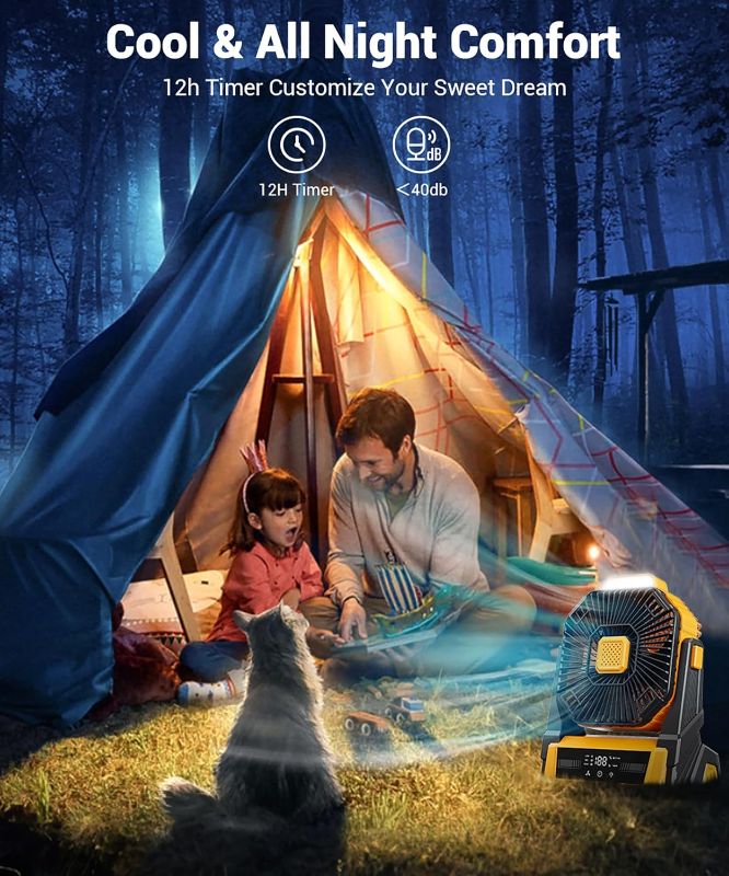 Photo 1 of KopBeau Portable Camping Fan with Lights, 20000mAh Rechargeable Battery Operated Fan, Battery Powered Outdoor Beach Tent with 3 Speeds & Hook, Personal USB Table for Camping Accessories