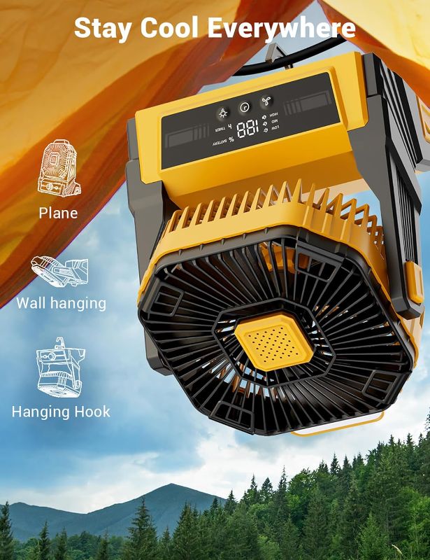 Photo 1 of KopBeau Portable Camping Fan with Lights, 20000mAh Rechargeable Battery Operated Fan, Battery Powered Outdoor Beach Tent with 3 Speeds & Hook, Personal USB Table for Camping Accessories