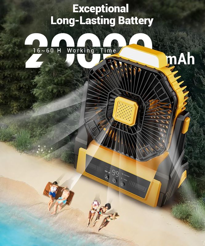 Photo 1 of KopBeau Portable Camping Fan with Lights, 20000mAh Rechargeable Battery Operated Fan, Battery Powered Outdoor Beach Tent with 3 Speeds & Hook, Personal USB Table for Camping Accessories