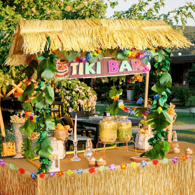 Photo 1 of Auihiay 50PCS Tiki Bar Hut Kit, Tiki Hut Decoration Includes Tiki Bar, Banner, Roof, Palm Leaves, Flower Garland and Table Skirt, Great Hawaiian Pool Beach Luau Party Decor Supplies