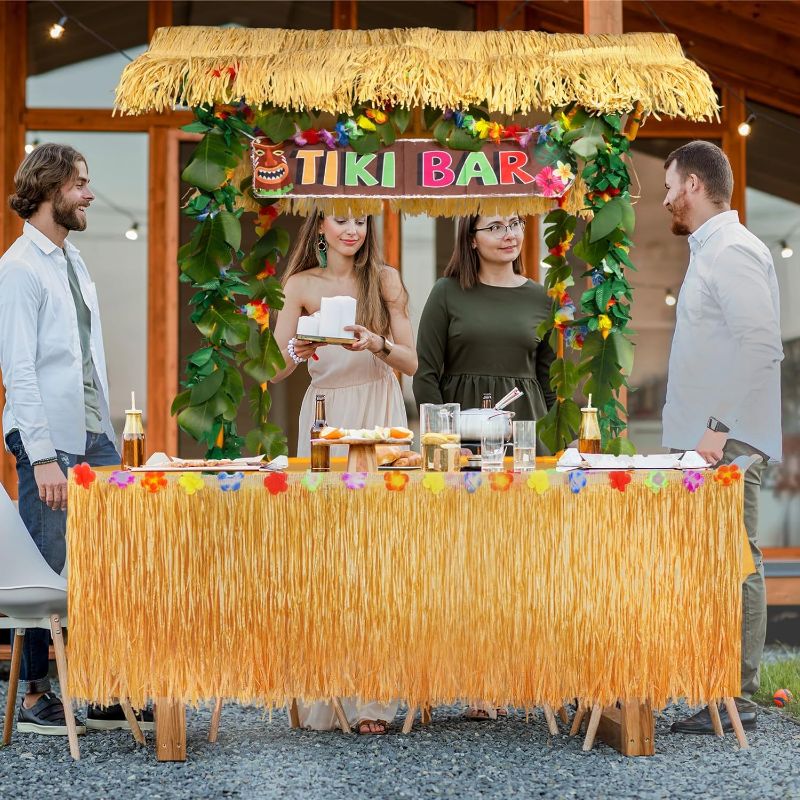 Photo 1 of Auihiay 50PCS Tiki Bar Hut Kit, Tiki Hut Decoration Includes Tiki Bar, Banner, Roof, Palm Leaves, Flower Garland and Table Skirt, Great Hawaiian Pool Beach Luau Party Decor Supplies