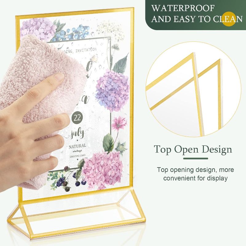 Photo 1 of 12 Pieces Gold Frames Clear Acrylic Sign Holder Double Sided Menu Display Stand with Gold Borders 2mm Table Number Holder for Wedding Recipe Cards Photo Display(Horizontal Vertical,4 x 6 Inch)