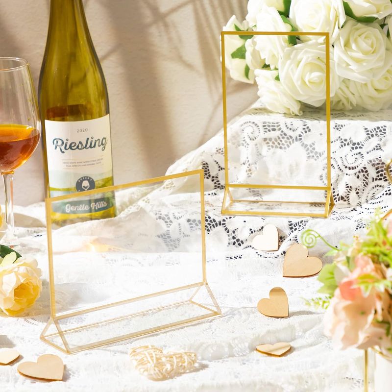 Photo 1 of 12 Pieces Gold Frames Clear Acrylic Sign Holder Double Sided Menu Display Stand with Gold Borders 2mm Table Number Holder for Wedding Recipe Cards Photo Display(Horizontal Vertical,4 x 6 Inch)