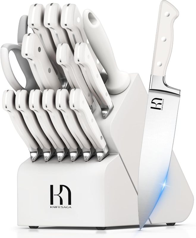 Photo 1 of Kitchen Knife Block Set, 15-Piece Enduring Ultra Sharp Knife Set, Japanese High Carbon Stainless Steel, Premium Forged Knives for Kitchen and Professional Chefs, White