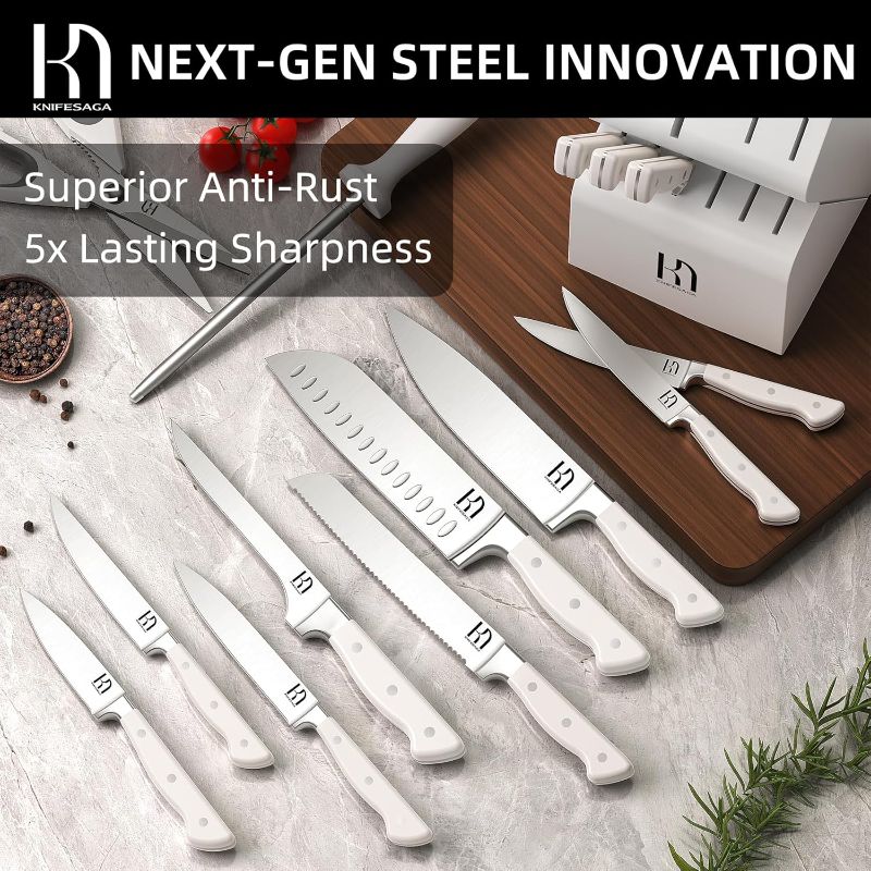 Photo 1 of Kitchen Knife Block Set, 15-Piece Enduring Ultra Sharp Knife Set, Japanese High Carbon Stainless Steel, Premium Forged Knives for Kitchen and Professional Chefs, White