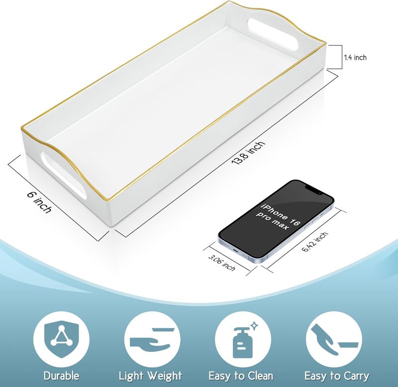 Photo 1 of Gifturbo White Bathroom Vanity Tray,Gold Edged Decorative Tray with Handles, Small Rectangular Counter Tray for Perfume, Candle, Jewelry, Cosmetics
