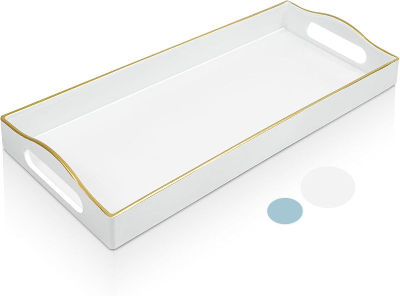 Photo 1 of Gifturbo White Bathroom Vanity Tray,Gold Edged Decorative Tray with Handles, Small Rectangular Counter Tray for Perfume, Candle, Jewelry, Cosmetics