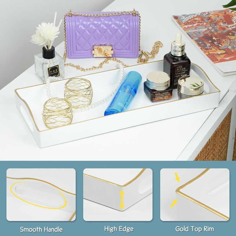Photo 1 of Gifturbo White Bathroom Vanity Tray,Gold Edged Decorative Tray with Handles, Small Rectangular Counter Tray for Perfume, Candle, Jewelry, Cosmetics