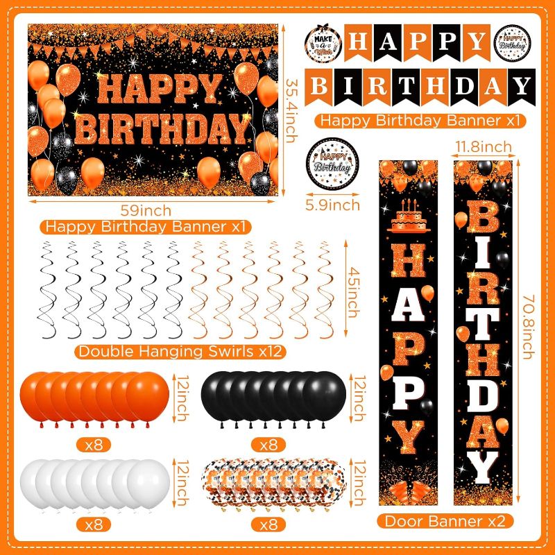 Photo 1 of 48pcs Orange Birthday Decorations Halloween Birthday Party Supplies Orange Black Happy Birthday Banner Backdrop Balloons Hanging Swilrs for Women Men Halloween Birthday Party Indoor Outdoor Decor