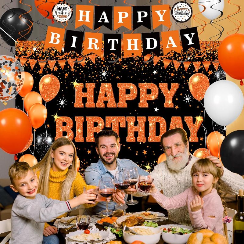 Photo 1 of 48pcs Orange Birthday Decorations Halloween Birthday Party Supplies Orange Black Happy Birthday Banner Backdrop Balloons Hanging Swilrs for Women Men Halloween Birthday Party Indoor Outdoor Decor