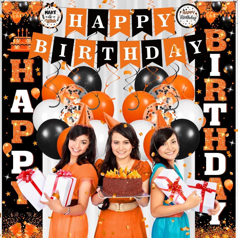 Photo 1 of 48pcs Orange Birthday Decorations Halloween Birthday Party Supplies Orange Black Happy Birthday Banner Backdrop Balloons Hanging Swilrs for Women Men Halloween Birthday Party Indoor Outdoor Decor
