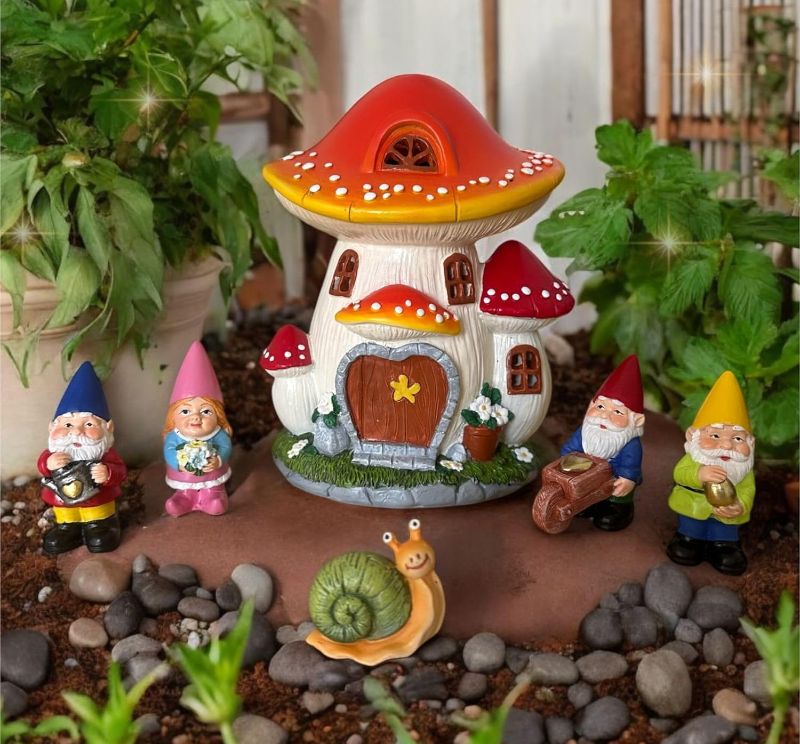 Photo 1 of Solar Garden Gnome Statue Set – Magical Gnome Decor - Solar Light Mushroom House – Hand-Painted Resin Garden Decorations for Indoor & Outdoor – Weather-Proof Yard Ornaments - Unique Outdoor Gifts