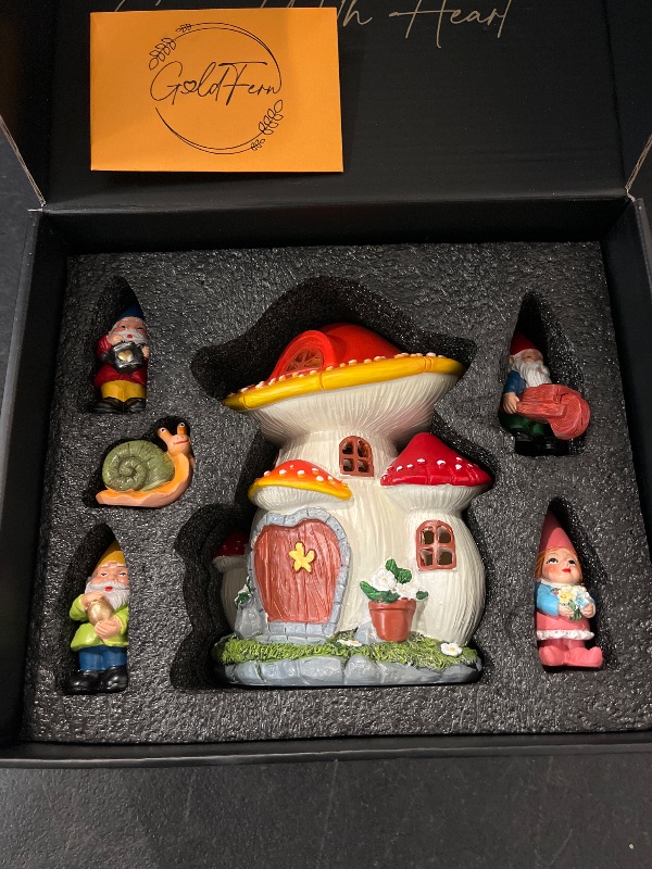 Photo 1 of Solar Garden Gnome Statue Set – Magical Gnome Decor - Solar Light Mushroom House – Hand-Painted Resin Garden Decorations for Indoor & Outdoor – Weather-Proof Yard Ornaments - Unique Outdoor Gifts