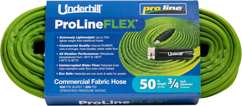 Photo 1 of ProLine Flex Fabric Garden Water Hose, Flexible, Rubber Core, Lightweight, Collapsible, Aluminum End Fittings, Hot Water Safe, 600 PSI Burst Pressure, 300 PSI Working Pressure, 3/4 Inch x 50 ft Long