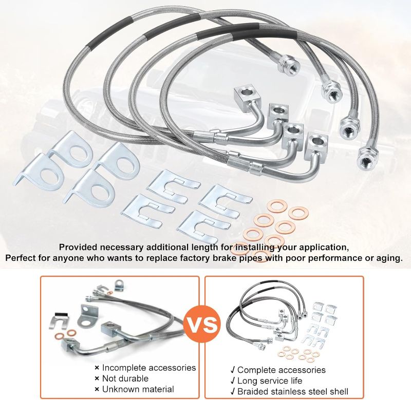 Photo 1 of 89716 Stainless Brake Lines - Front/Rear Stainless Brake Lines Kit Compatible with 2007-2018 4WD Jeep Wrangler JK Unlimited/2 Door 2007-2010 2WD Jeep Wrangler JK Unlimited (4pcs)