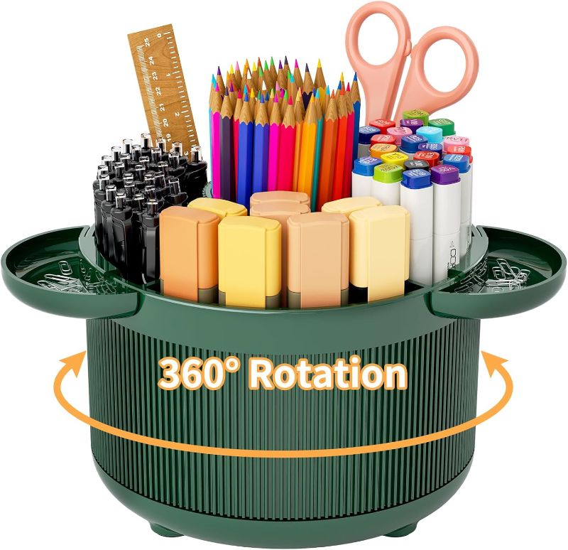 Photo 1 of 360 Degree Rotating Desk Organizer, Pencil Pen Holder with 5 Compartments and Tray Accessories, Desktop Supplies Organizers, Smooth Rotating Pen Holder Apply for Home, Office, School (Dark Green)