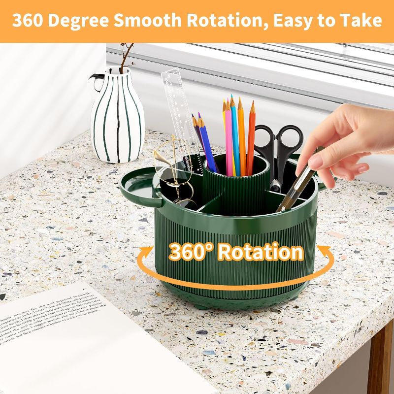 Photo 1 of 360 Degree Rotating Desk Organizer, Pencil Pen Holder with 5 Compartments and Tray Accessories, Desktop Supplies Organizers, Smooth Rotating Pen Holder Apply for Home, Office, School (Dark Green)