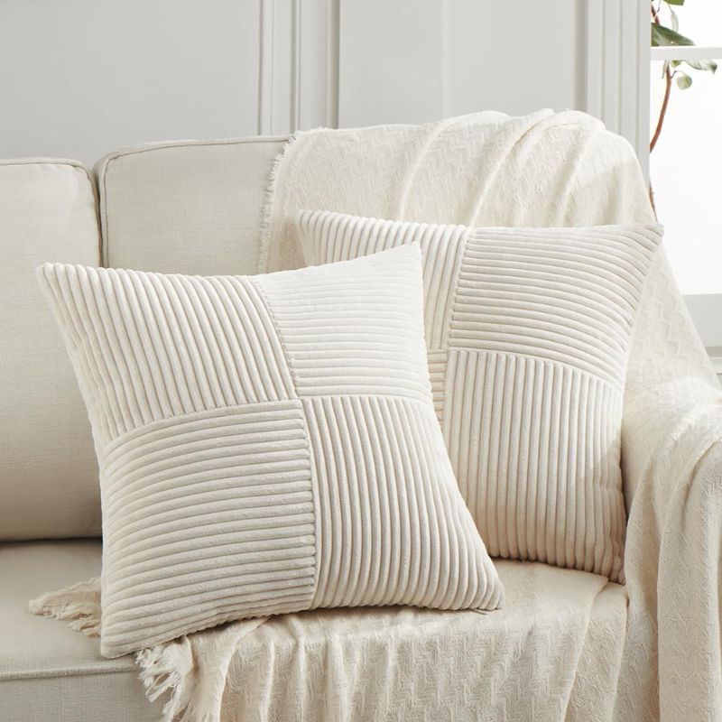 Photo 1 of Fancy Homi 2 Packs Boho Cream Decorative Throw Pillow Covers 18x18 Inch for Living Room Couch Bed Sofa, Rustic Farmhouse Home Decor, Soft Corss Corduroy Patchwork Textured Square Cushion Case 45x45 cm