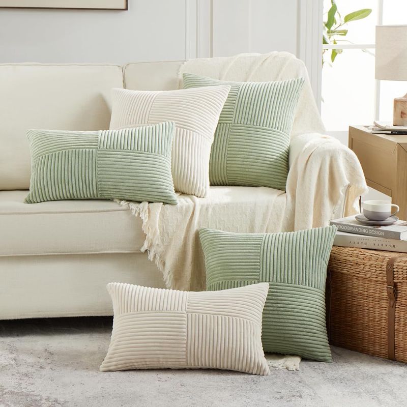 Photo 1 of Fancy Homi 2 Packs Boho Cream Decorative Throw Pillow Covers 18x18 Inch for Living Room Couch Bed Sofa, Rustic Farmhouse Home Decor, Soft Corss Corduroy Patchwork Textured Square Cushion Case 45x45 cm