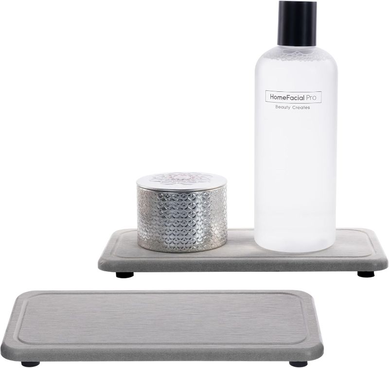 Photo 1 of 2 Pcs Water Absorbing Stone Trays, Kitchen/Bathroom Sink Soap Dish, Diatomite Tray Used for Hand Soap & Cosmetic Bottles in The Modern Home, 4" W x 8.3" L, Gray