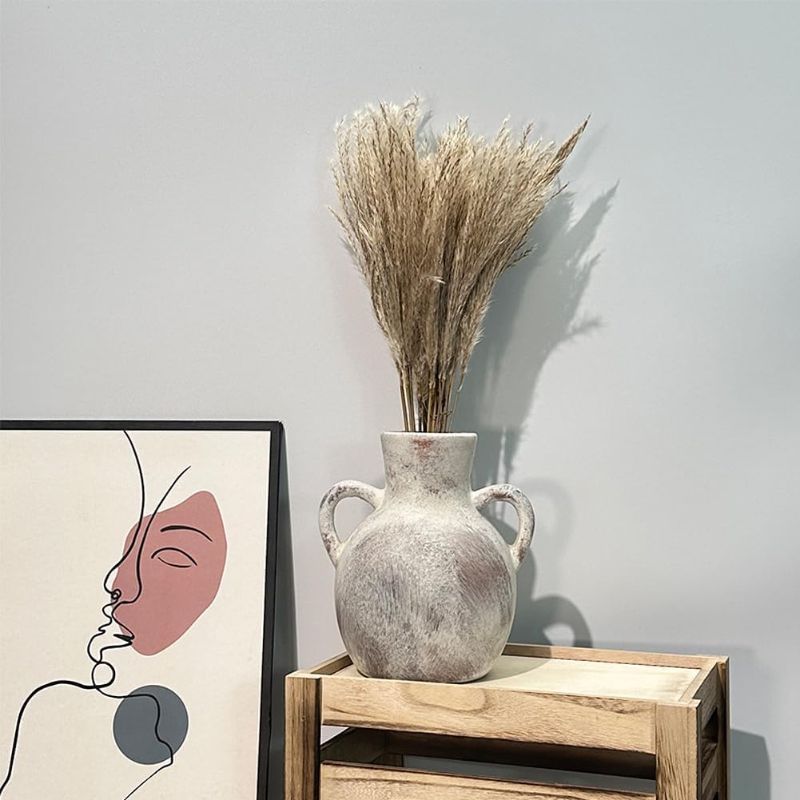Photo 1 of CLYMON Handcrafted Ceramic Vase, 7.5 Inch Terracotta Vase with Handles, Rustic Decorative for Farmhouse, Living Room, Table, or Shelf - Elegant Gray