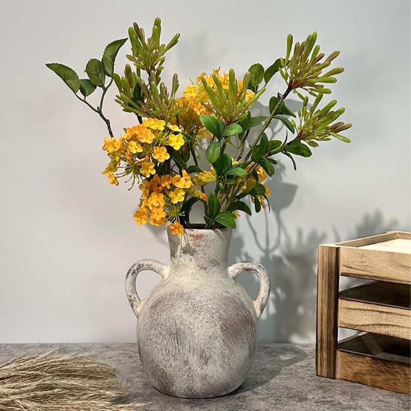 Photo 1 of CLYMON Handcrafted Ceramic Vase, 7.5 Inch Terracotta Vase with Handles, Rustic Decorative for Farmhouse, Living Room, Table, or Shelf - Elegant Gray