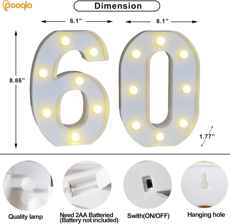 Photo 1 of ooqla Decorative Led Light Up Number Letters, White Plastic Marquee Number Lights Sign for 60th Birthday Party Wedding Decor Battery Operated Number (60)
