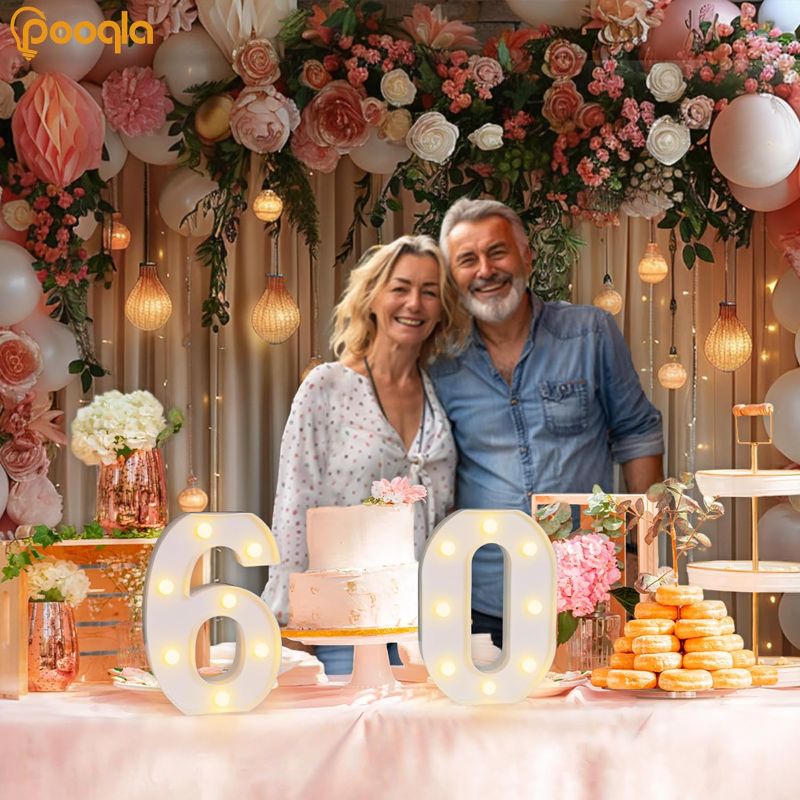 Photo 1 of ooqla Decorative Led Light Up Number Letters, White Plastic Marquee Number Lights Sign for 60th Birthday Party Wedding Decor Battery Operated Number (60)