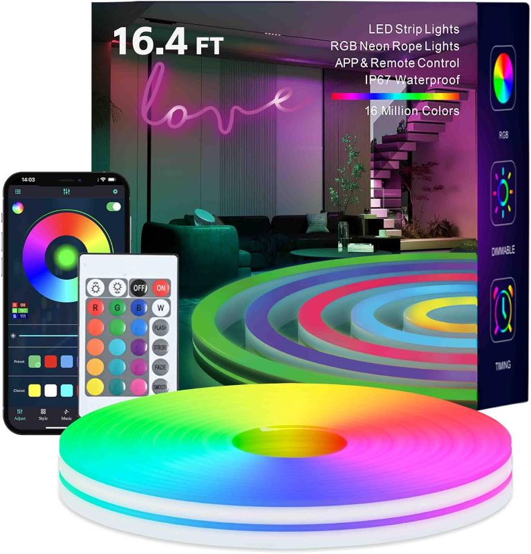 Photo 1 of Neon Rope Lights, 33FT RGB LED Strip Lights, App Control, IR Remote, Outdoor IP67 Waterproof, Music Syncing, Flexible DIY Design for Bedroom, Gaming, Party, Christmas Decor