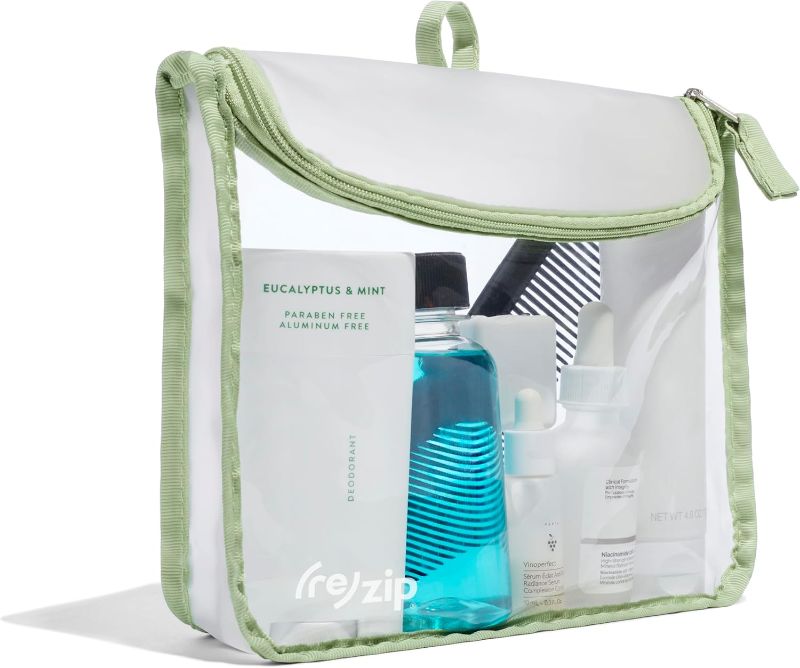 Photo 1 of (re)zip Zippered TSA-Compliant Travel Quart Bag | Zippered, Reusable, Storage Bag for Toiletries, Makeup, Suitcase Organization | BPA-Free, Food Grade, Machine Washable (Clear, Sage Piping)