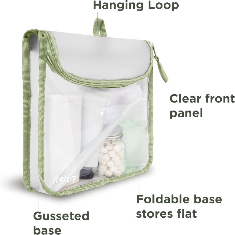 Photo 1 of (re)zip Zippered TSA-Compliant Travel Quart Bag | Zippered, Reusable, Storage Bag for Toiletries, Makeup, Suitcase Organization | BPA-Free, Food Grade, Machine Washable (Clear, Sage Piping)