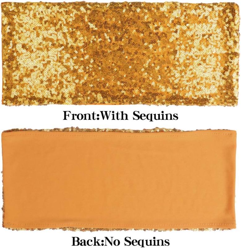 Photo 1 of Pack of 10 Stretch Sequin Chair Sashes Chair Bands One-Sided Sequins Decor for Hotel Wedding Reception Party Event Chair Cover Decoration 4"x16" - Gold