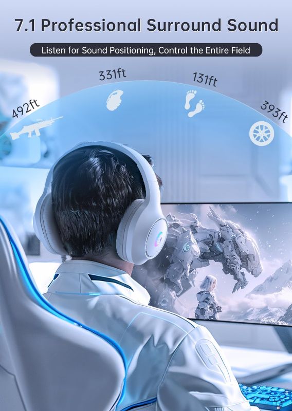 Photo 1 of Gaming Headset CM7002 for PS5, PS4, PC, Mac, Switch, Xbox Series, Surround Sound RGB Gaming Headphones with Noise Canceling Microphone, White + Black