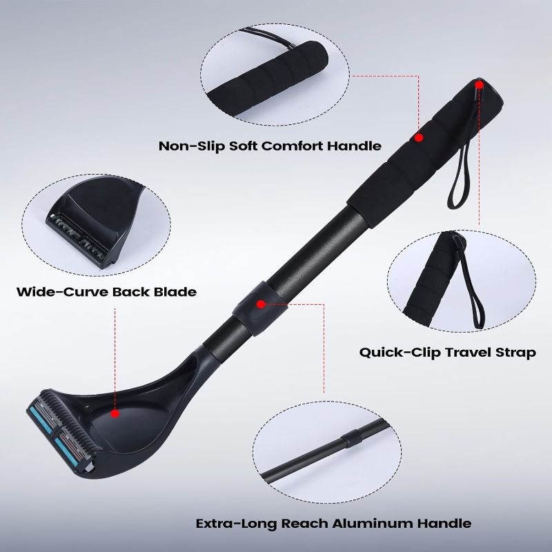 Photo 1 of Back Shaver for Men - Retractable Long Handle Back Hair and Body Shavers,Replaceable Multi-Layer Double Blades?6PCS?, Ergonomic DIY Wet or Dry Shaving Solution,Black