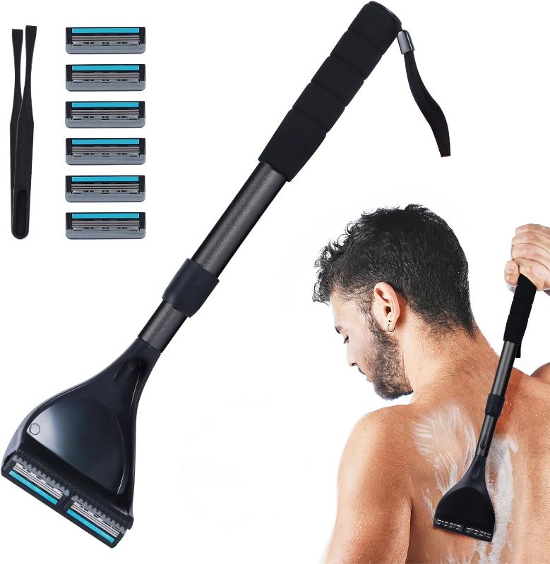 Photo 1 of Back Shaver for Men - Retractable Long Handle Back Hair and Body Shavers,Replaceable Multi-Layer Double Blades?6PCS?, Ergonomic DIY Wet or Dry Shaving Solution,Black