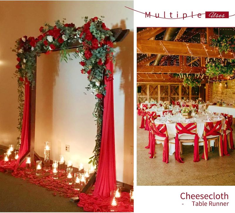 Photo 1 of 10 Pack Red Cheesecloth Table Runner - 10FT Long Semi-Sheer Gauze for Boho or Rustic Wedding Decor, Arch Draping, Bridal Shower, Holiday Party