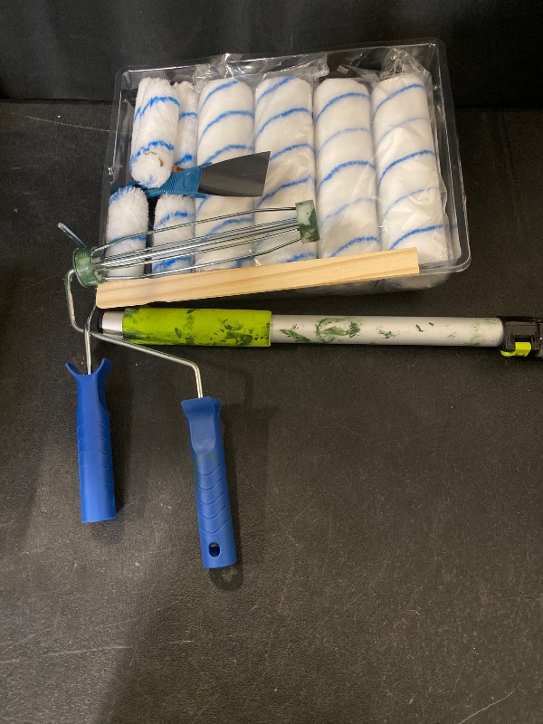 Photo 1 of Paint Roller Kit with Extension Pole, 27 Piece Set, 2 to 4 Ft Pole, 4"9" Paint Rollers, Paint Brushes Set for Professional Painting,House Paint Roller for All Latex and Oil Paints & Stains