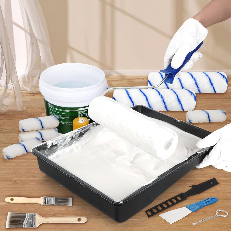 Photo 1 of Paint Roller Kit with Extension Pole, 27 Piece Set, 2 to 4 Ft Pole, 4"9" Paint Rollers, Paint Brushes Set for Professional Painting,House Paint Roller for All Latex and Oil Paints & Stains