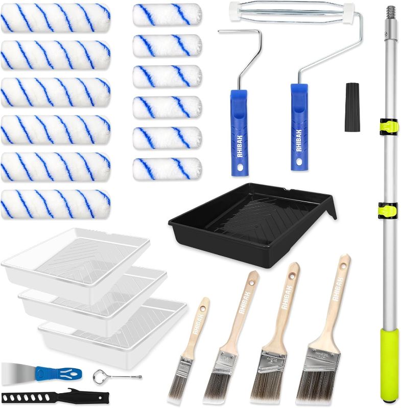 Photo 1 of Paint Roller Kit with Extension Pole, 27 Piece Set, 2 to 4 Ft Pole, 4"9" Paint Rollers, Paint Brushes Set for Professional Painting,House Paint Roller for All Latex and Oil Paints & Stains