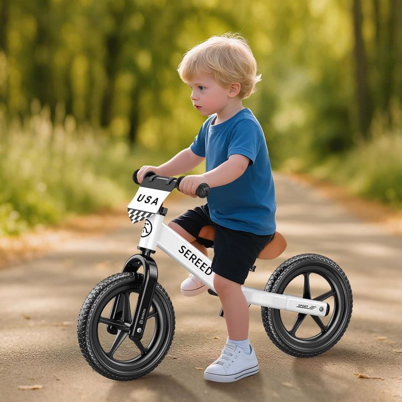 Photo 1 of SEREED Toddler Balance Bike 2 Year Old, No Pedal Kids Toy Bike for 2-5 Years Old, Tool-Free Adjustment, Gift for 2-3 Boys Girls, Customize Plate with 3pcs Stickers (White)
