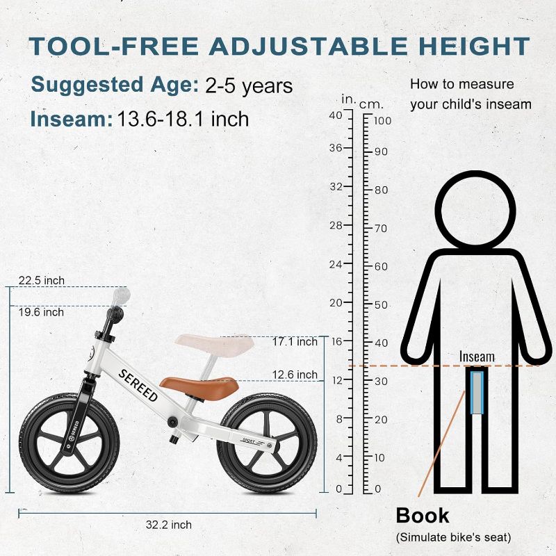 Photo 1 of SEREED Toddler Balance Bike 2 Year Old, No Pedal Kids Toy Bike for 2-5 Years Old, Tool-Free Adjustment, Gift for 2-3 Boys Girls, Customize Plate with 3pcs Stickers (White)
