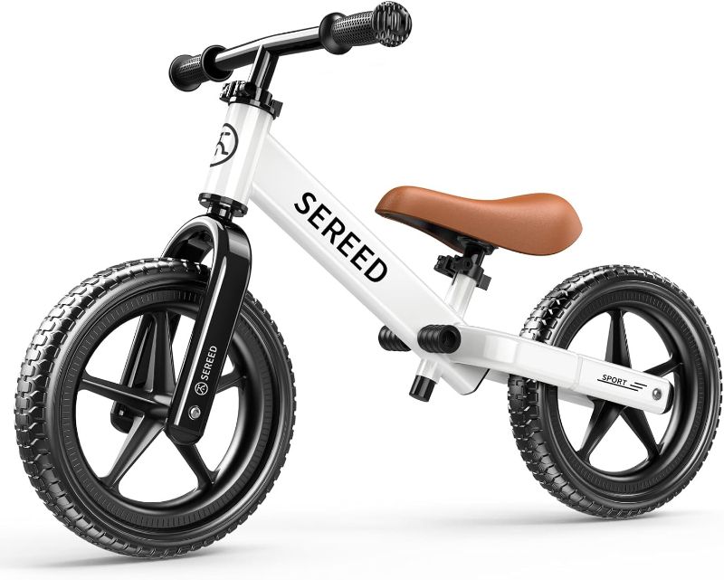 Photo 1 of SEREED Toddler Balance Bike 2 Year Old, No Pedal Kids Toy Bike for 2-5 Years Old, Tool-Free Adjustment, Gift for 2-3 Boys Girls, Customize Plate with 3pcs Stickers (White)