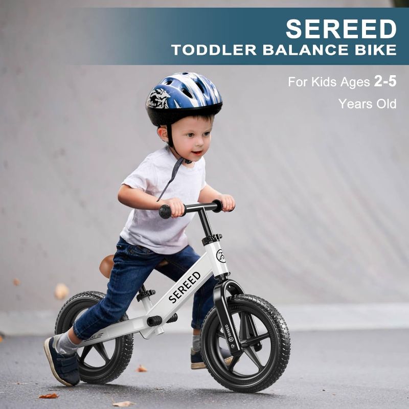 Photo 1 of SEREED Toddler Balance Bike 2 Year Old, No Pedal Kids Toy Bike for 2-5 Years Old, Tool-Free Adjustment, Gift for 2-3 Boys Girls, Customize Plate with 3pcs Stickers (White)