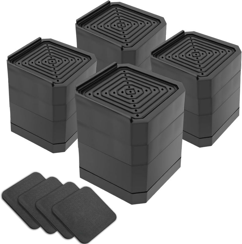 Photo 1 of 4 Pack Bed Risers Heavy Duty, Adjustable Furniture Risers for Bed Couch Sofa Desk Chair Blocks, Lift Height 1.5", 3" or 4.3" (Black, Three Layers 4.3 Inches)