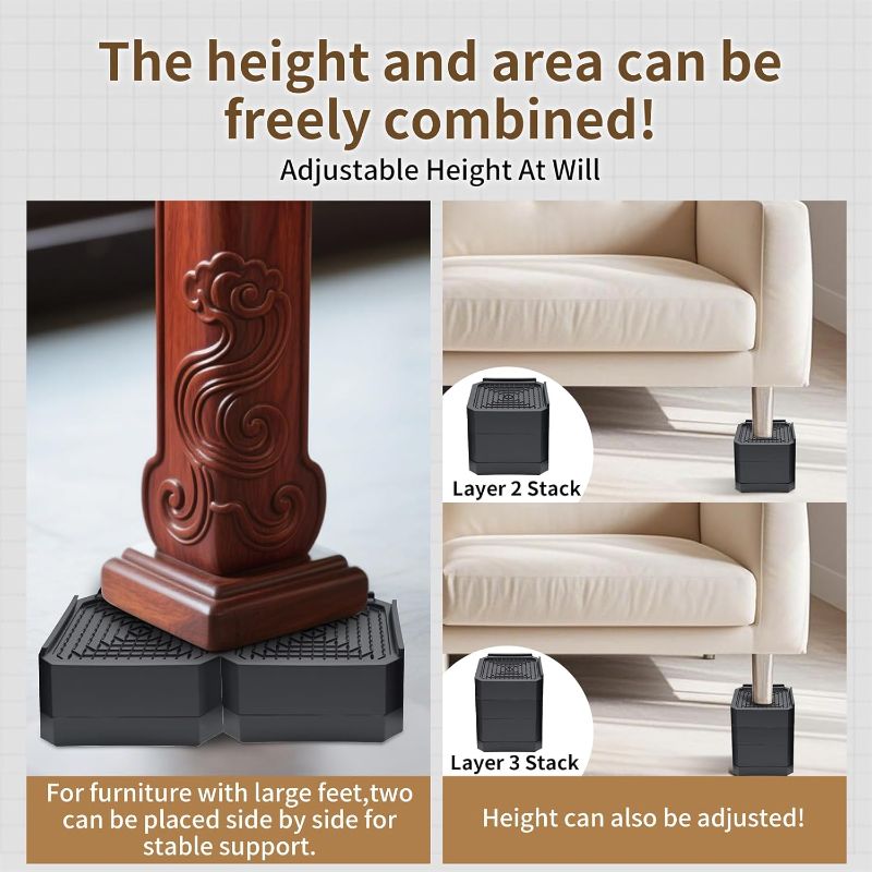 Photo 1 of 4 Pack Bed Risers Heavy Duty, Adjustable Furniture Risers for Bed Couch Sofa Desk Chair Blocks, Lift Height 1.5", 3" or 4.3" (Black, Three Layers 4.3 Inches)