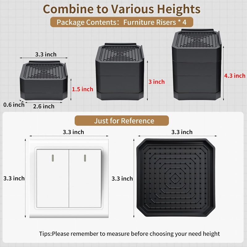 Photo 1 of 4 Pack Bed Risers Heavy Duty, Adjustable Furniture Risers for Bed Couch Sofa Desk Chair Blocks, Lift Height 1.5", 3" or 4.3" (Black, Three Layers 4.3 Inches)